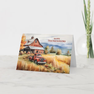 Old Pickup Truck Red Barn Autumn Thanksgiving Holiday Card