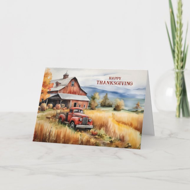 Old Pickup Truck Red Barn Autumn Thanksgiving Holiday Card (Front)