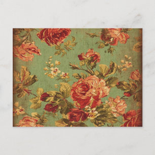 Old Pink Roses on Green Postcard