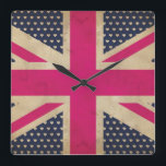 Old Pink Union Jack Flag Wall Clock<br><div class="desc">An illustrated graphic design of an Old Union Jack Flag in shades of pink and white against a background color of dark blue with white hearts suitable for all zazzle products.</div>
