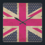 Old Pink Union Jack Flag Wall Clock<br><div class="desc">An illustrated graphic design of an Old Union Jack Flag in shades of pink and white against a background color of dark blue with white hearts suitable for all zazzle products.</div>