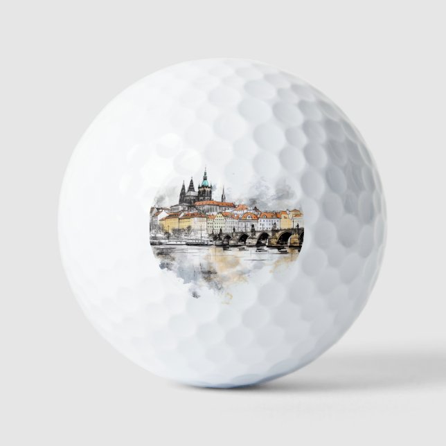 Old Prague, Charles bridge watercolor Golf Balls (Front)
