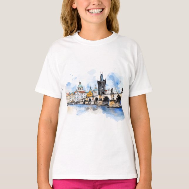 Old Prague, Charles bridge watercolor T-Shirt (Front)