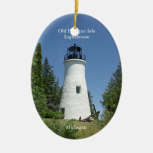 Old Presque Isle Lighthouse oval lighthouse Ceramic Tree Decoration