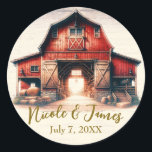 Old Red Barn Rustic Country Wedding Classic Round Sticker<br><div class="desc">Customise with any text.</div>