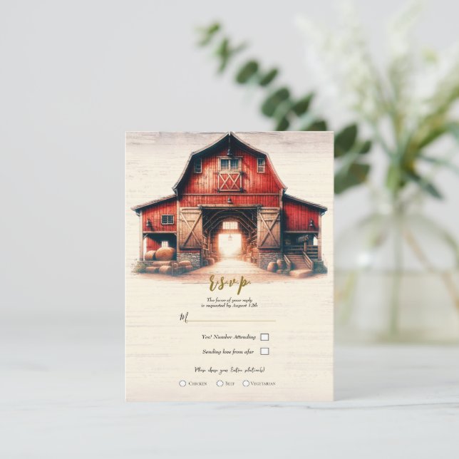 Old Red Barn Rustic Country Wedding R.S.V.P.  Invitation (Standing Front)
