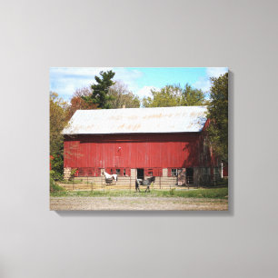 Old Red Barn with Horses Colour 16x20 Canvas Print