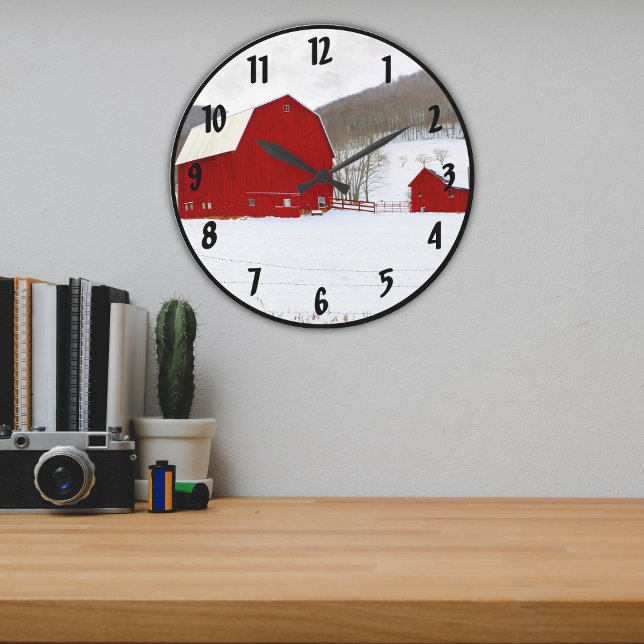 Old Red Barns Farm in a Snowy Scenic Winter Scene Large Clock (Creator Uploaded)