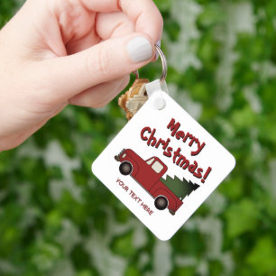 Old red chevy truck and Christmas tree custom Key Ring