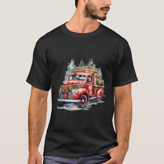 Old Red Pickup Semi Trucks Driver Trucker Christma T-Shirt (Front)