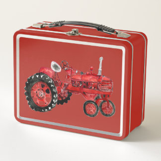 Old red tractor drawing card metal lunch box