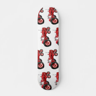 Old red tractor drawing skateboard