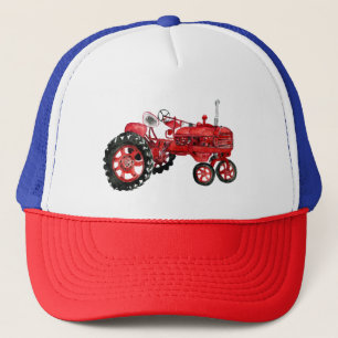 Old red tractor drawing trucker hat