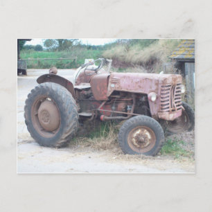 Old red tractor postcard