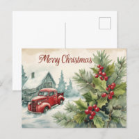 Old Red Truck Christmas Postcard