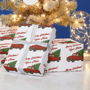 Old red truck with Christmas tree custom Wrapping Paper