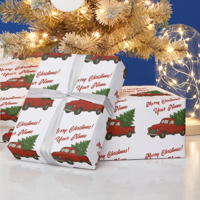 Old red truck with Christmas tree custom Wrapping Paper (Holidays)