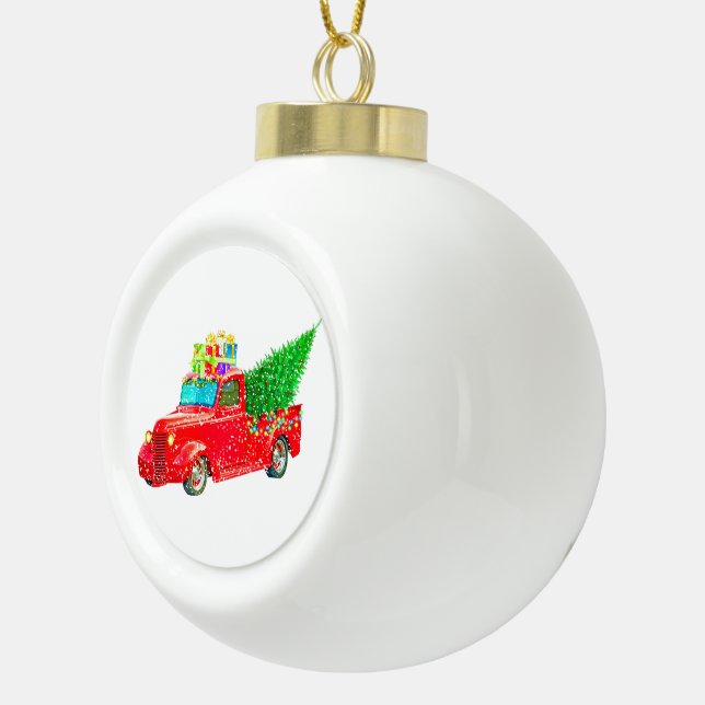 Old Red Truck with Gifts and Christmas Tree Ceramic Ball Christmas Ornament (Right)