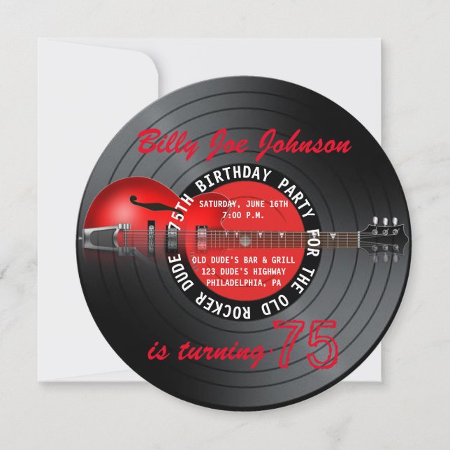 Old Rocker Dude Guitar Record 75th Birthday Party Invitation (Front)