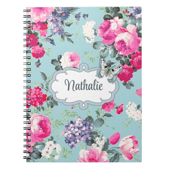 Old Roses & Butterfly Custom Name Gift  Spiral Notebook (Front)
