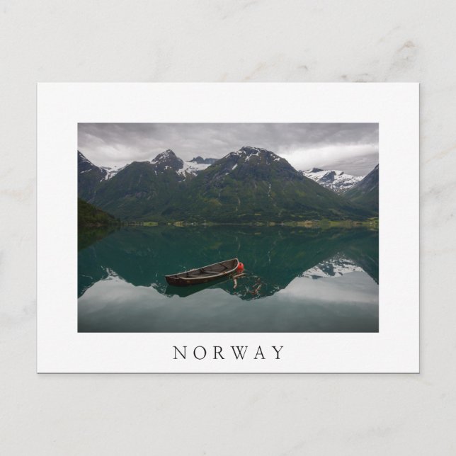 Old rowboat and mountains in Norway white postcard (Front)