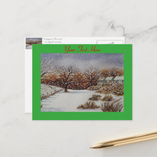 old rural cottages snow scene at christmas holiday postcard