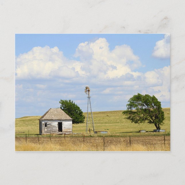 Old Rush County, Kansas, Farmhouse With Windmill Postcard (Front)