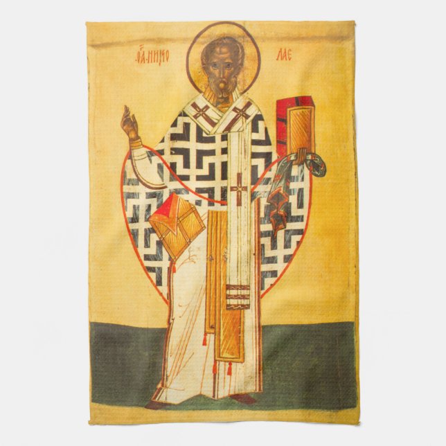 Old Russian icon of St.Nicholas Tea Towel (Vertical)