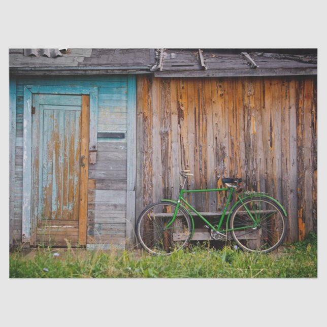 Old Rustic Shed with a Bicycle Leaning on Wall Tissue Paper (Front)