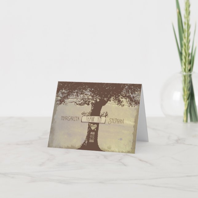 old rustic tree cute string lights thank you cards (Front)