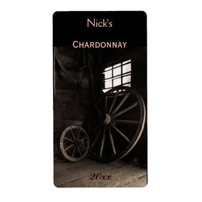 Old rustic wheels wine bottle label (Front)