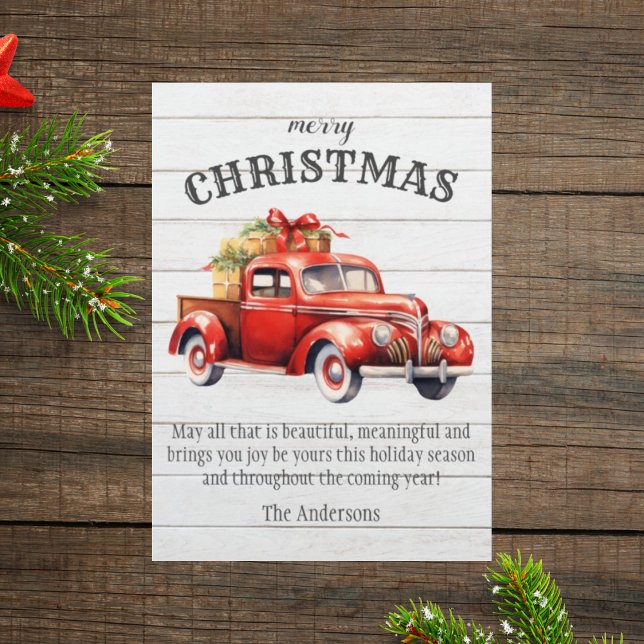 Old rustic wood red car Christmas card (Creator Uploaded)