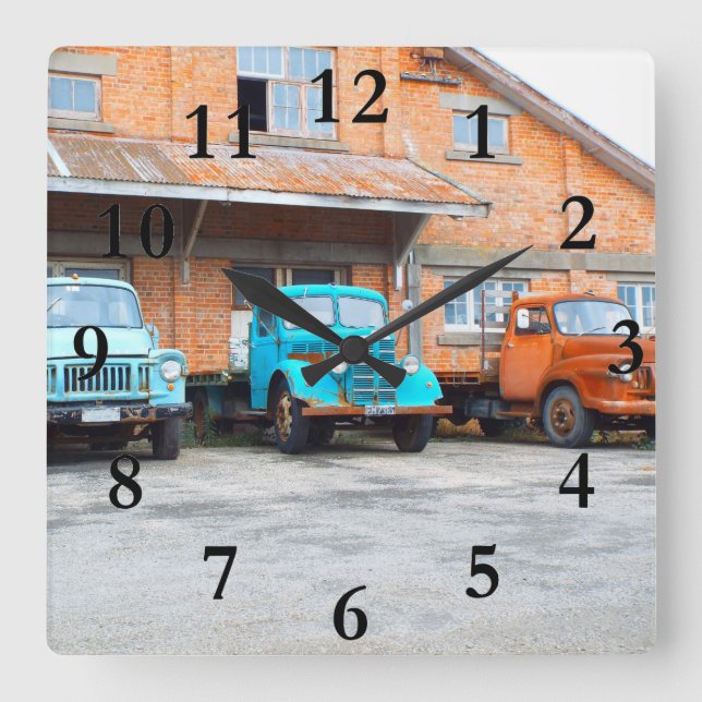 old rusty farm trucks in field big square wall clock (Front)