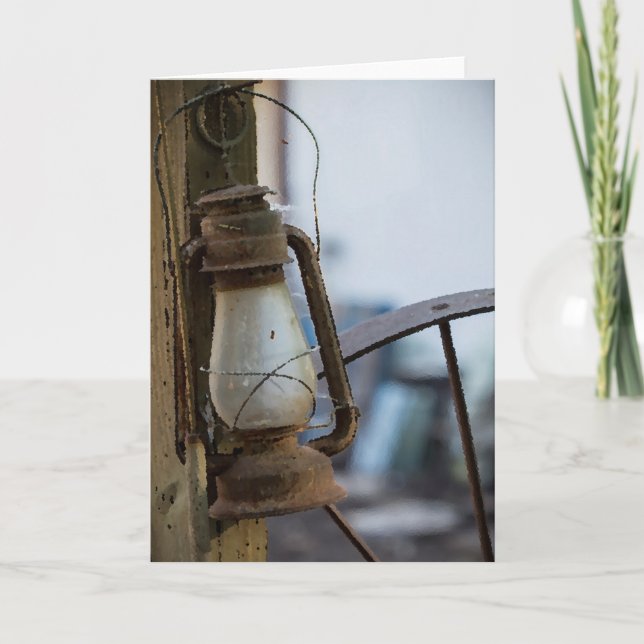 Old Rusty Lantern Wagon Wheel Greeting Card (Front)