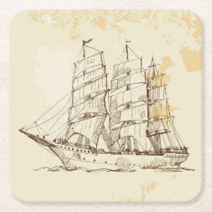 Old Sailing Ship Sketch Square Paper Coaster