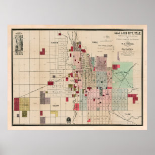 Old Salt Lake City UT Map (1889) Vintage SLC Utah  Poster