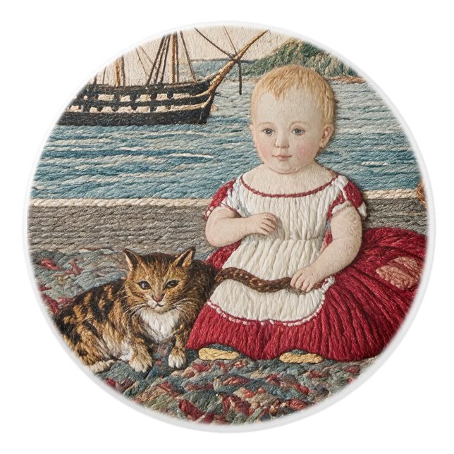 Old Sampler Scene Child With Cat Ceramic Knob (Front)
