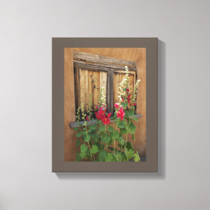 Old Santa Fe Window and Holly Hocks  Canvas Print
