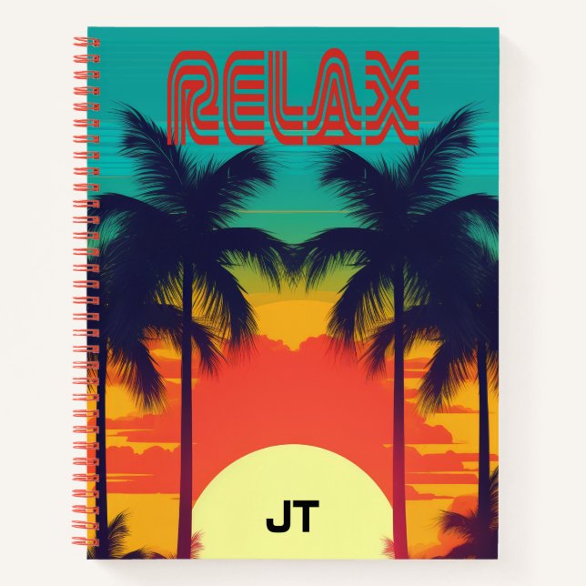 Old School 80s "RELAX" Tropical Sunset Notebook (Front)