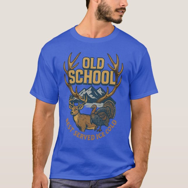 Old School Deer and Turkey Design T-Shirt (Front)