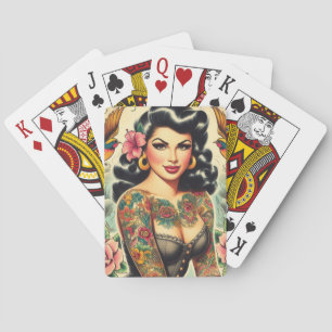 Old School Inked Girl Playing Cards