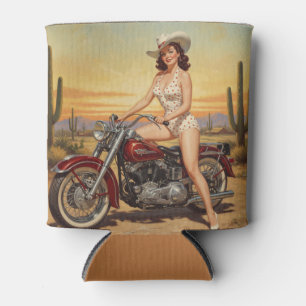 Old school  Retro Pin-up girl on motorcycle Can Cooler