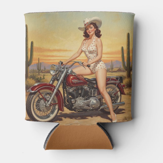 Old school  Retro Pin-up girl on motorcycle Can Cooler (Front)