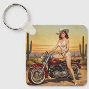Old school Retro Pin-up girl on motorcycle Key Ring
