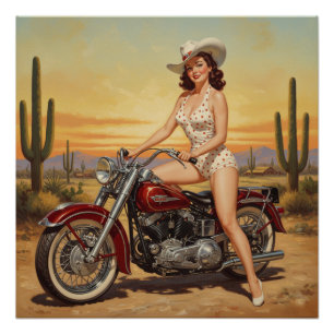 old school Retro Pin-up girl on motorcycle Poster