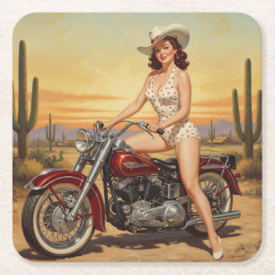 Old school  Retro Pin-up girl on motorcycle Square Paper Coaster