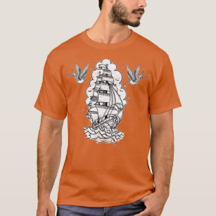 Old School Sailor Tattoo Clipper Ship and Swallows T-Shirt