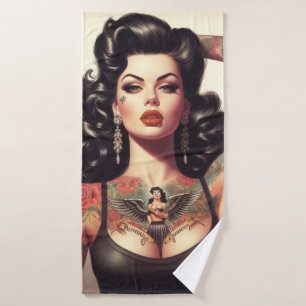 Old School Tattoo Girl Bath Towel