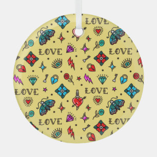 Old School Tattoo Love Pattern Glass Tree Decoration