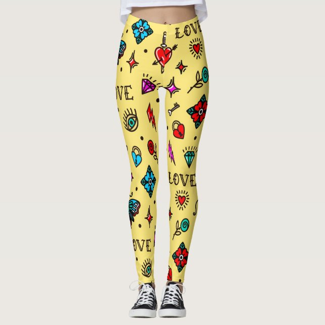 Old School Tattoo Love Pattern Leggings (Front)